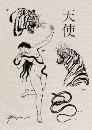 Tattoo design of woman, animlas and text.