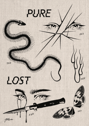 Tattoo designs of eyes, animals and text.