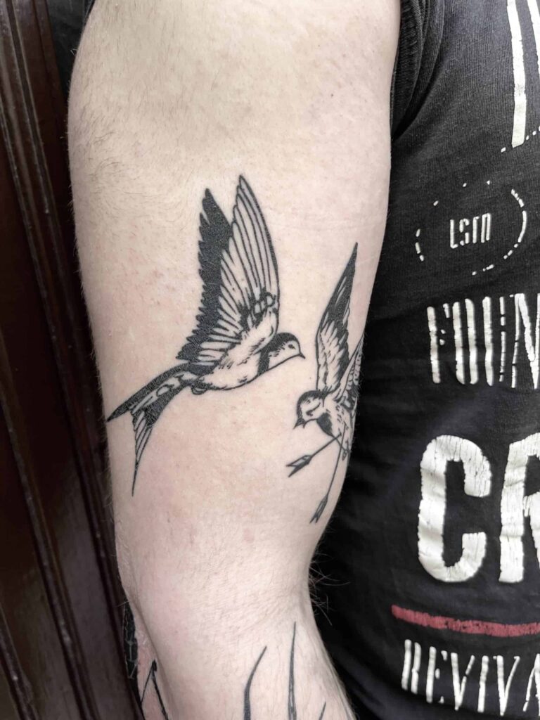 Healed tattoo on a arm of two flying birds.