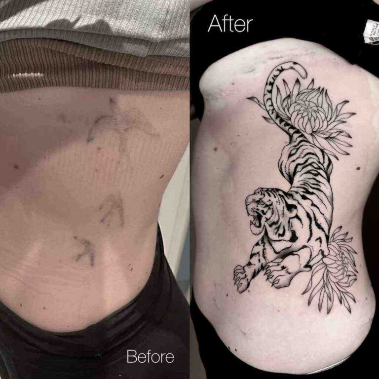 Before and after of a cover up tattoo of a tiger.