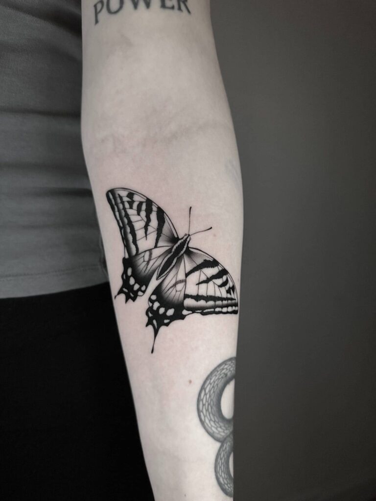 Blackwork tattoo on a arm of a butterfly.